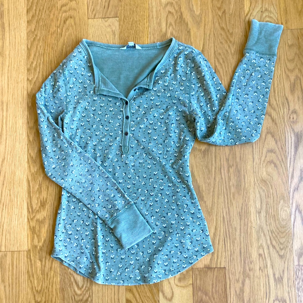 Lucky Brand Green Floral Thermal Henley Long Sleeved T